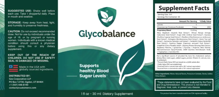 GlycoBalance supplement facts label — all six ingredients listed